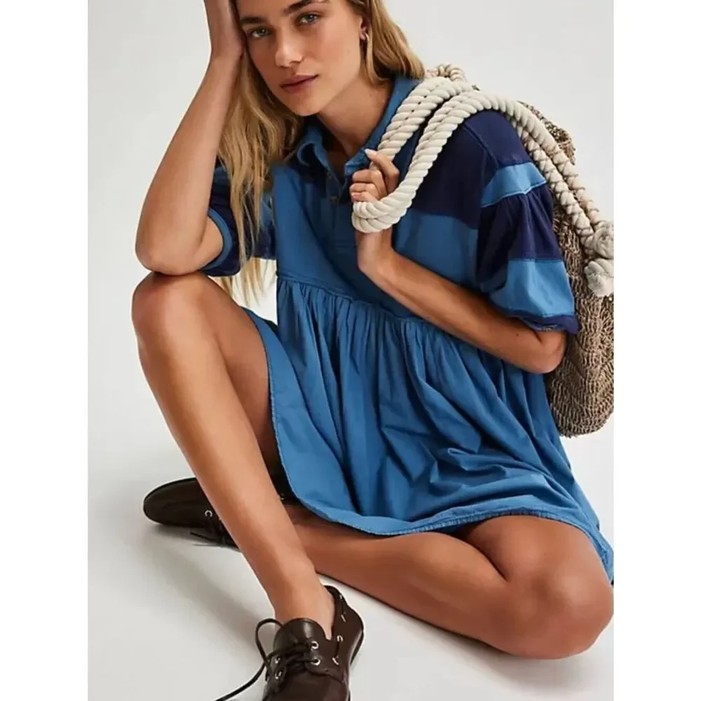 Free People Remi Rugby Mini Dress Blue